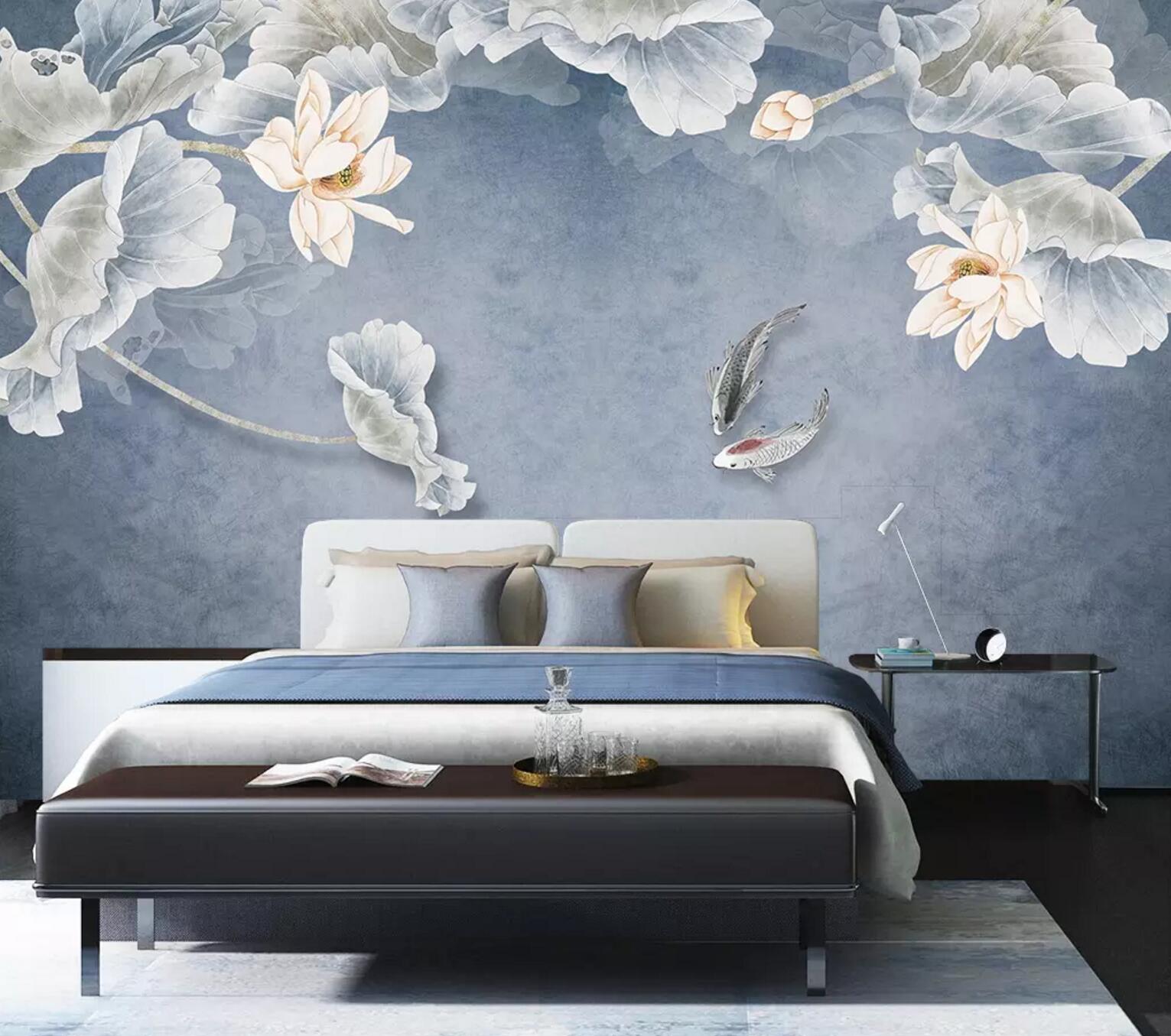 3D White Lotus Fish WC736 Wall Murals