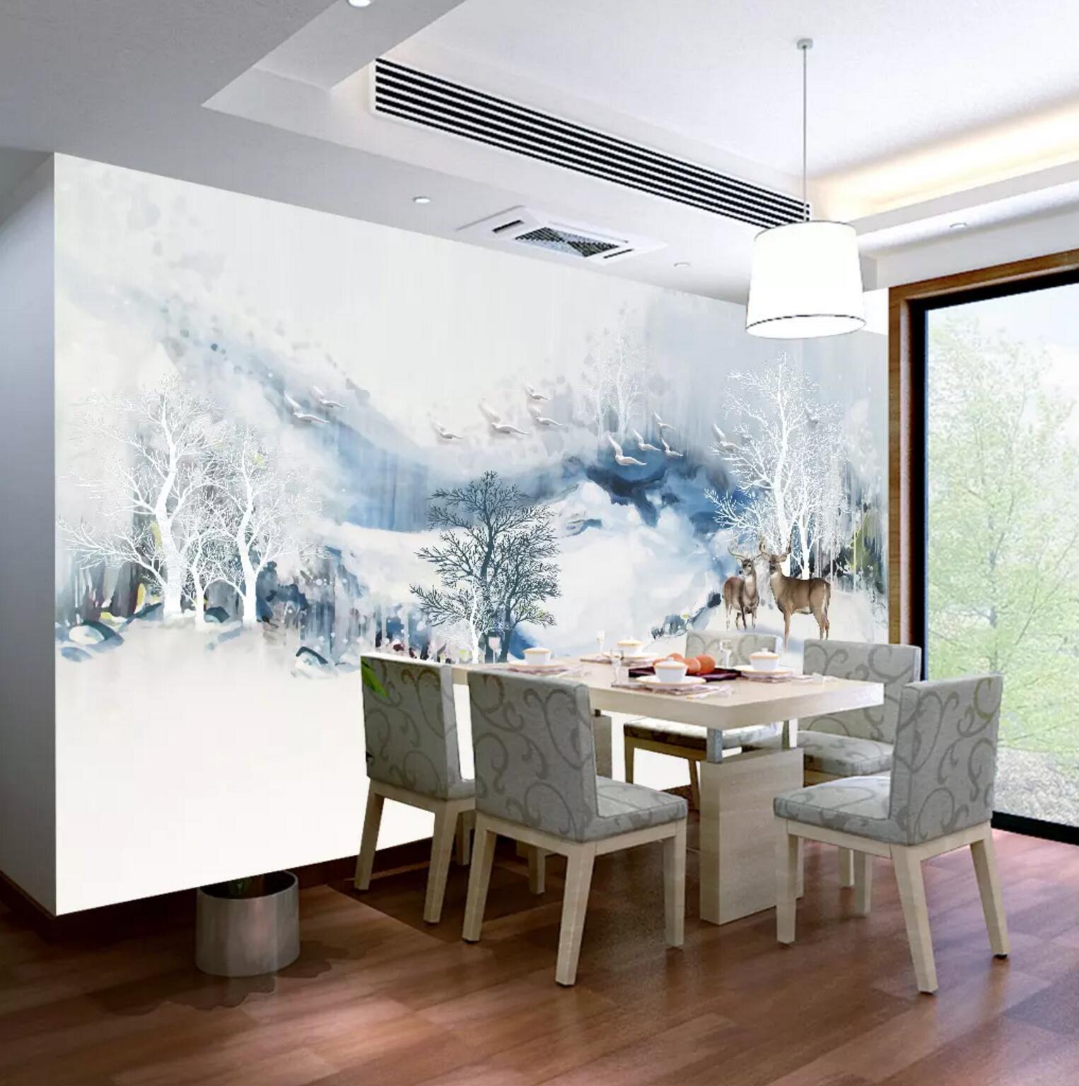 3D White Tree Pigeon Deer WC681 Wall Murals