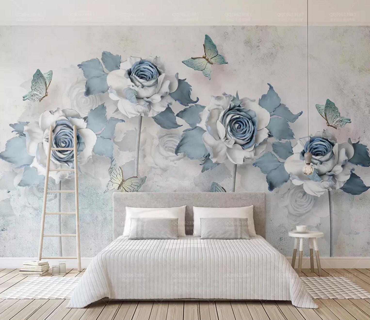 3D Blue Rose Butterfly WC385 Wall Murals