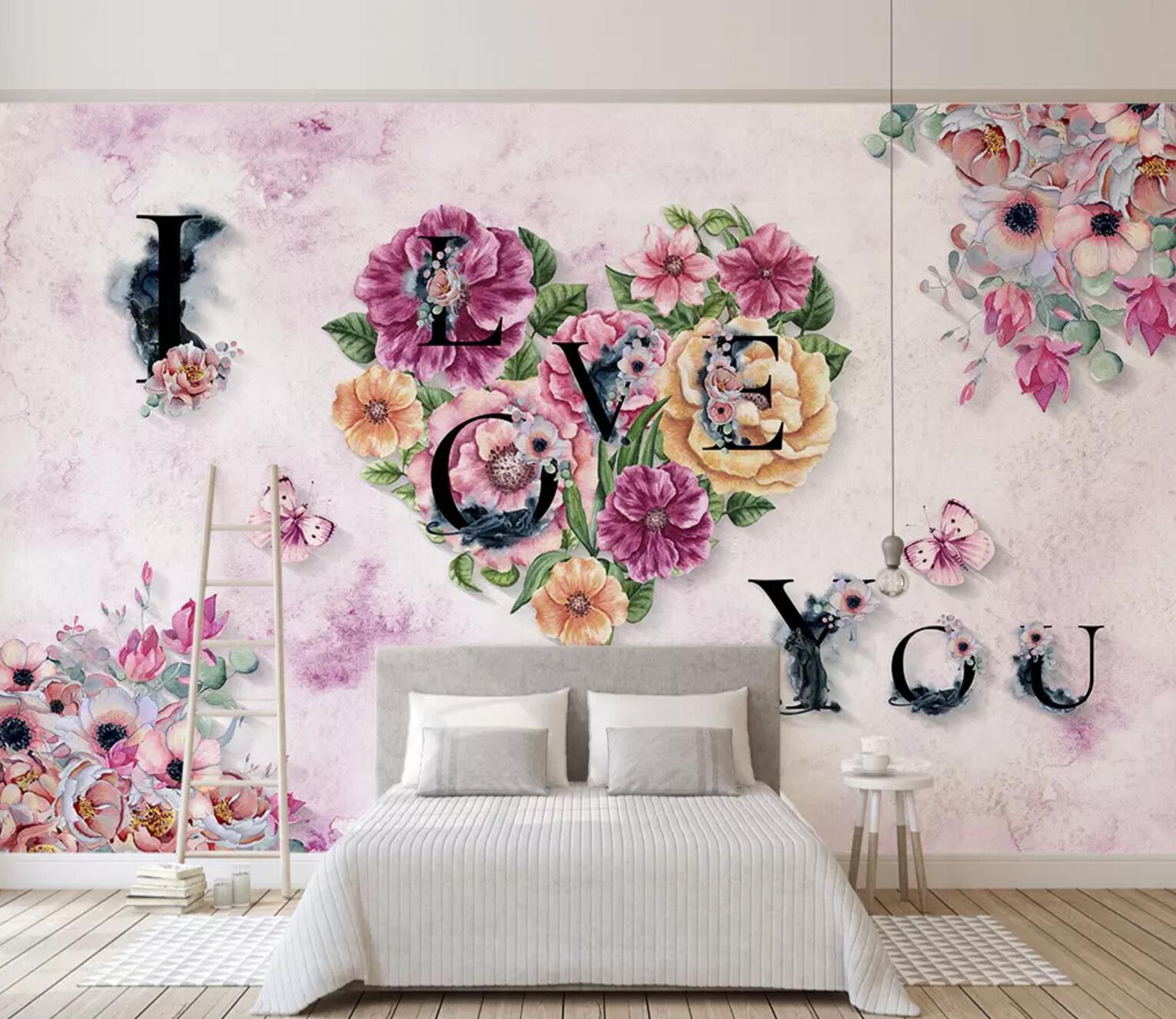 3D Heart Flower Butterfly WC699 Wall Murals