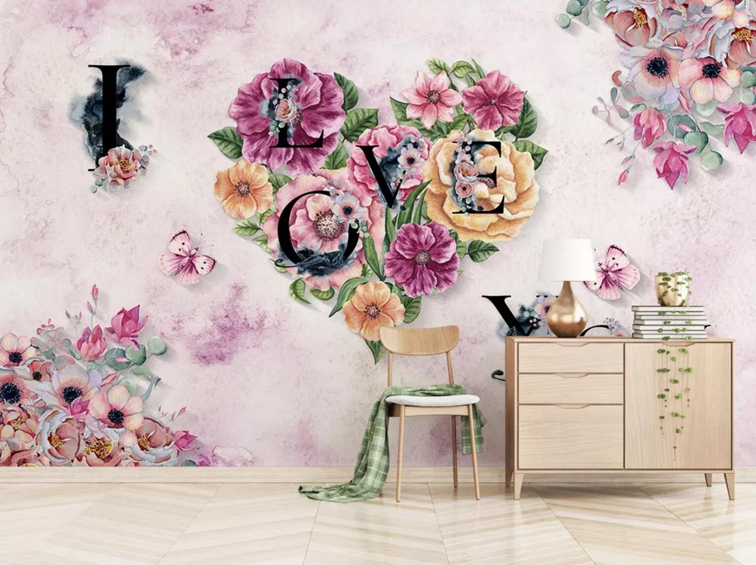 3D Heart Flower Butterfly WC699 Wall Murals