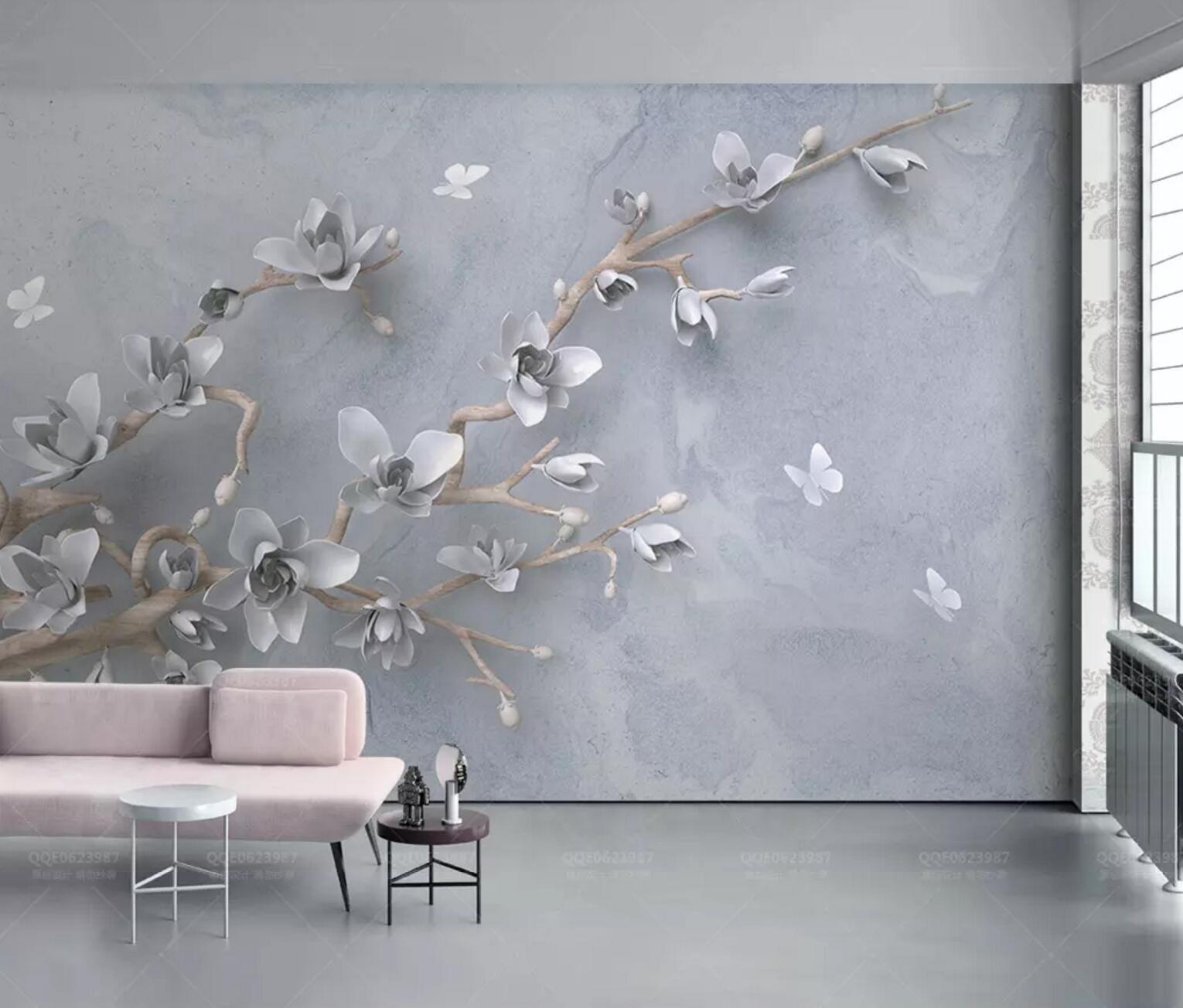 3D White Plum Butterfly WC709 Wall Murals