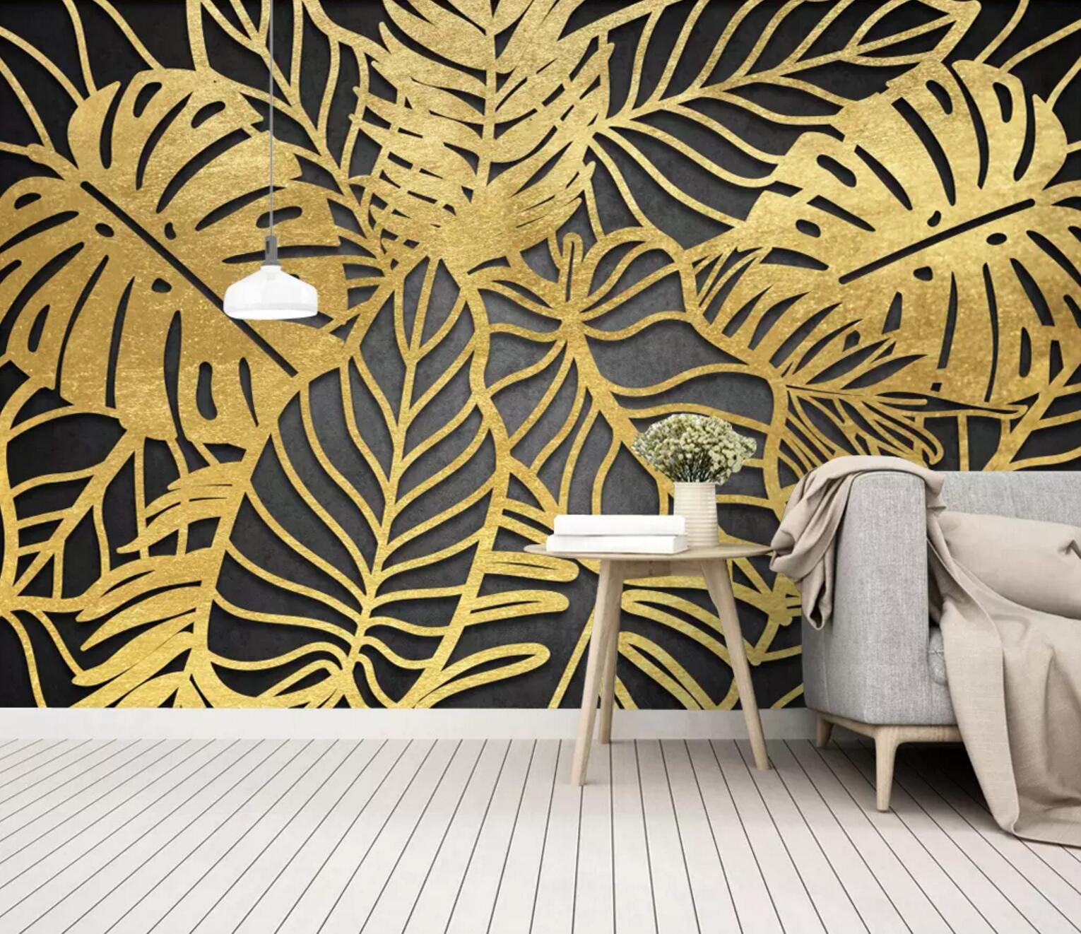 3D Golden Texture Leaves WC767 Wall Murals