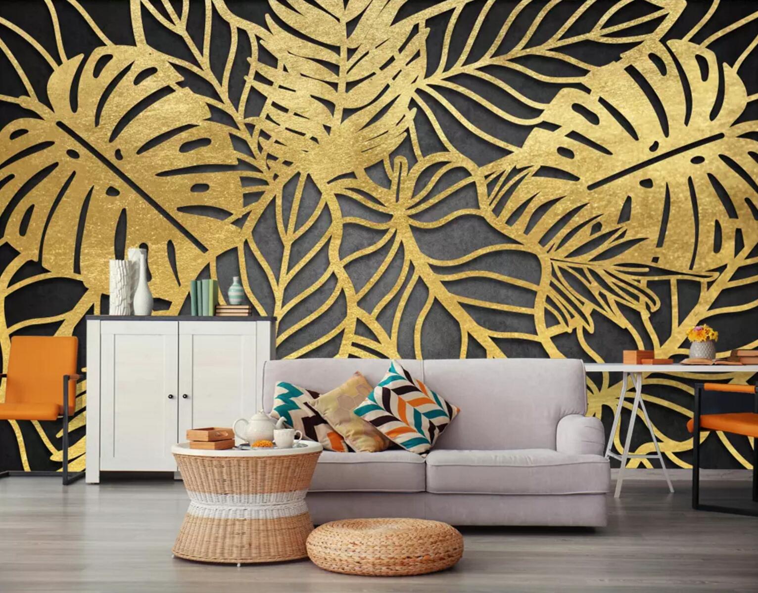 3D Golden Texture Leaves WC767 Wall Murals