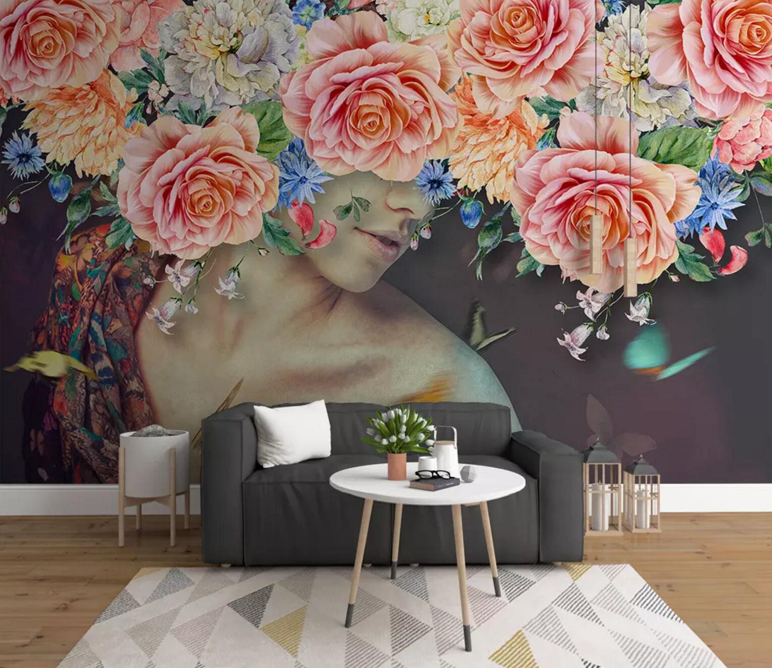 3D Pink Rose Woman WC540 Wall Murals