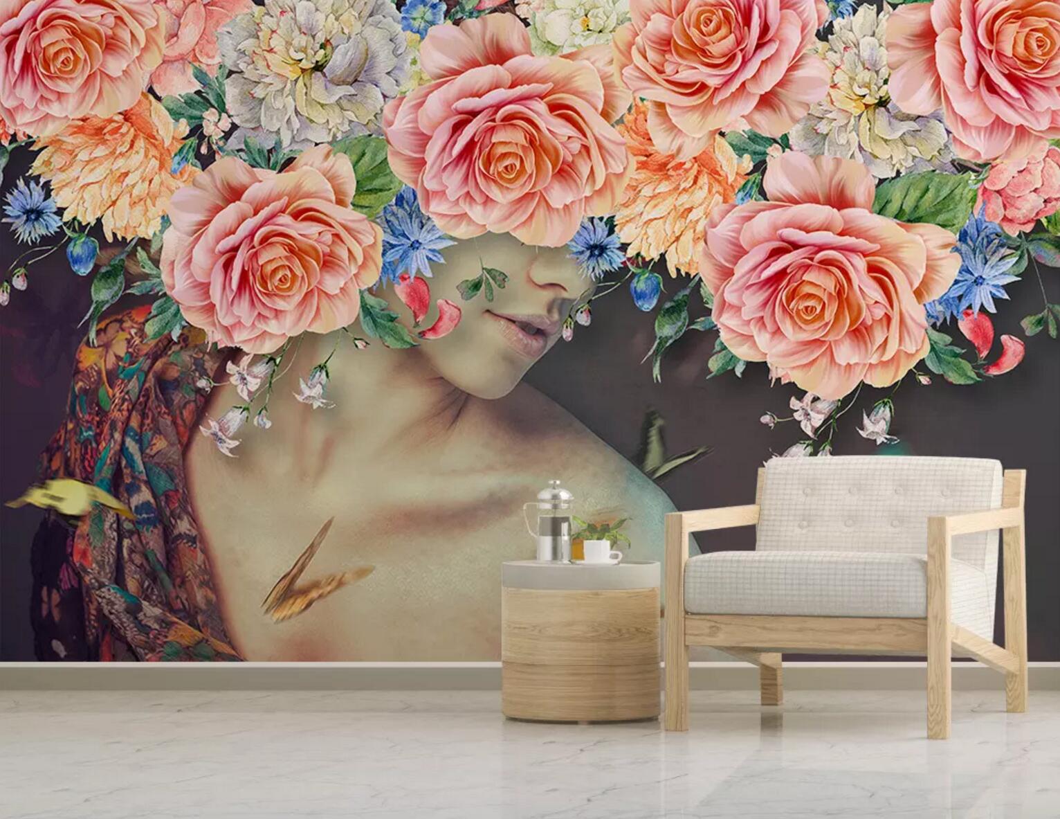 3D Pink Rose Woman WC540 Wall Murals