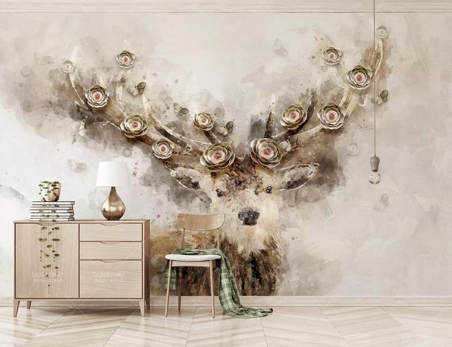 3D Antlers Flower WC694 Wall Murals