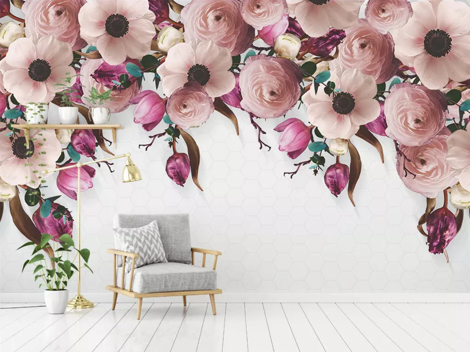 3D Lush Pink Flowers WC401 Wall Murals