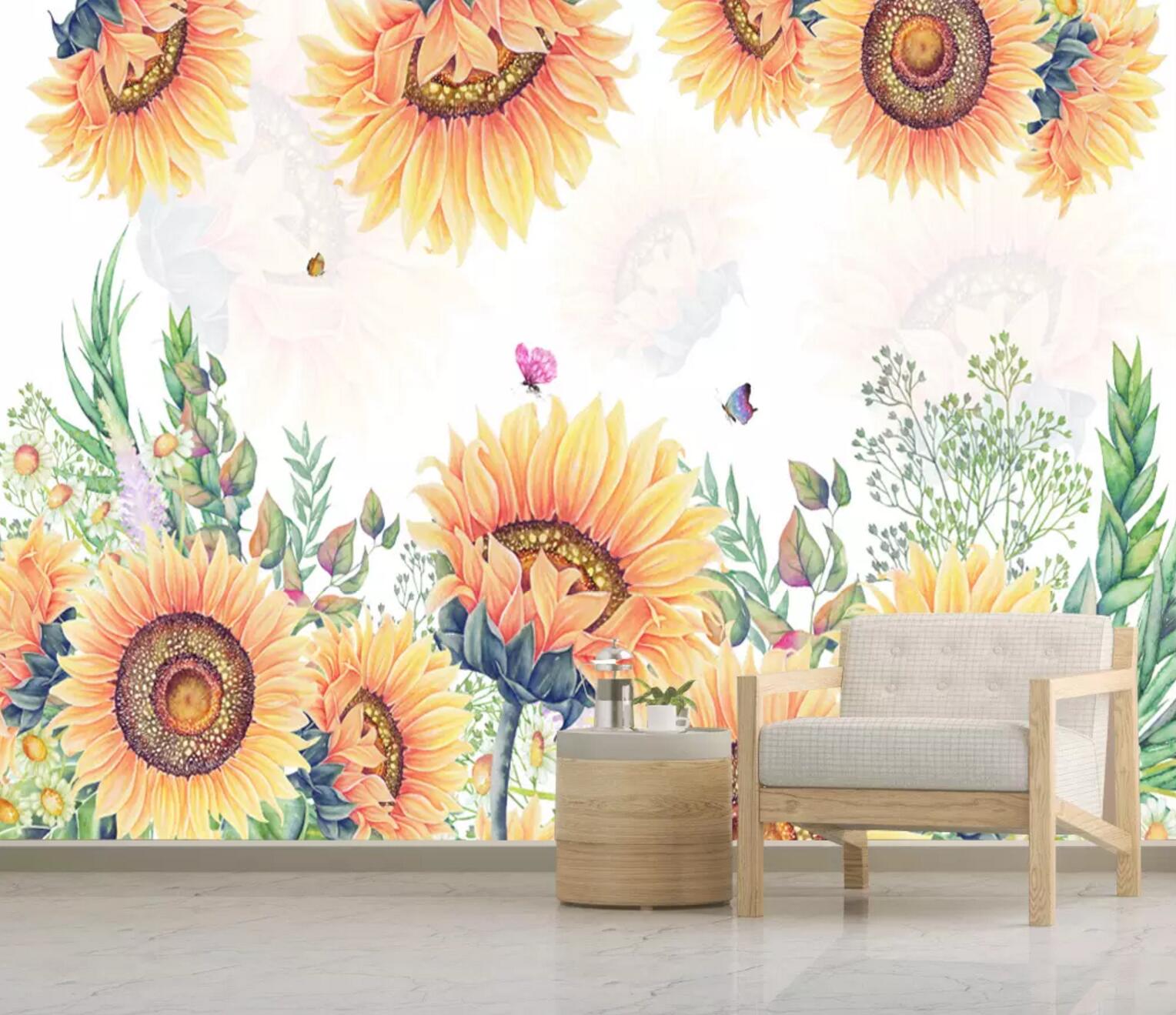 3D Sunflower Butterfly WC745 Wall Murals