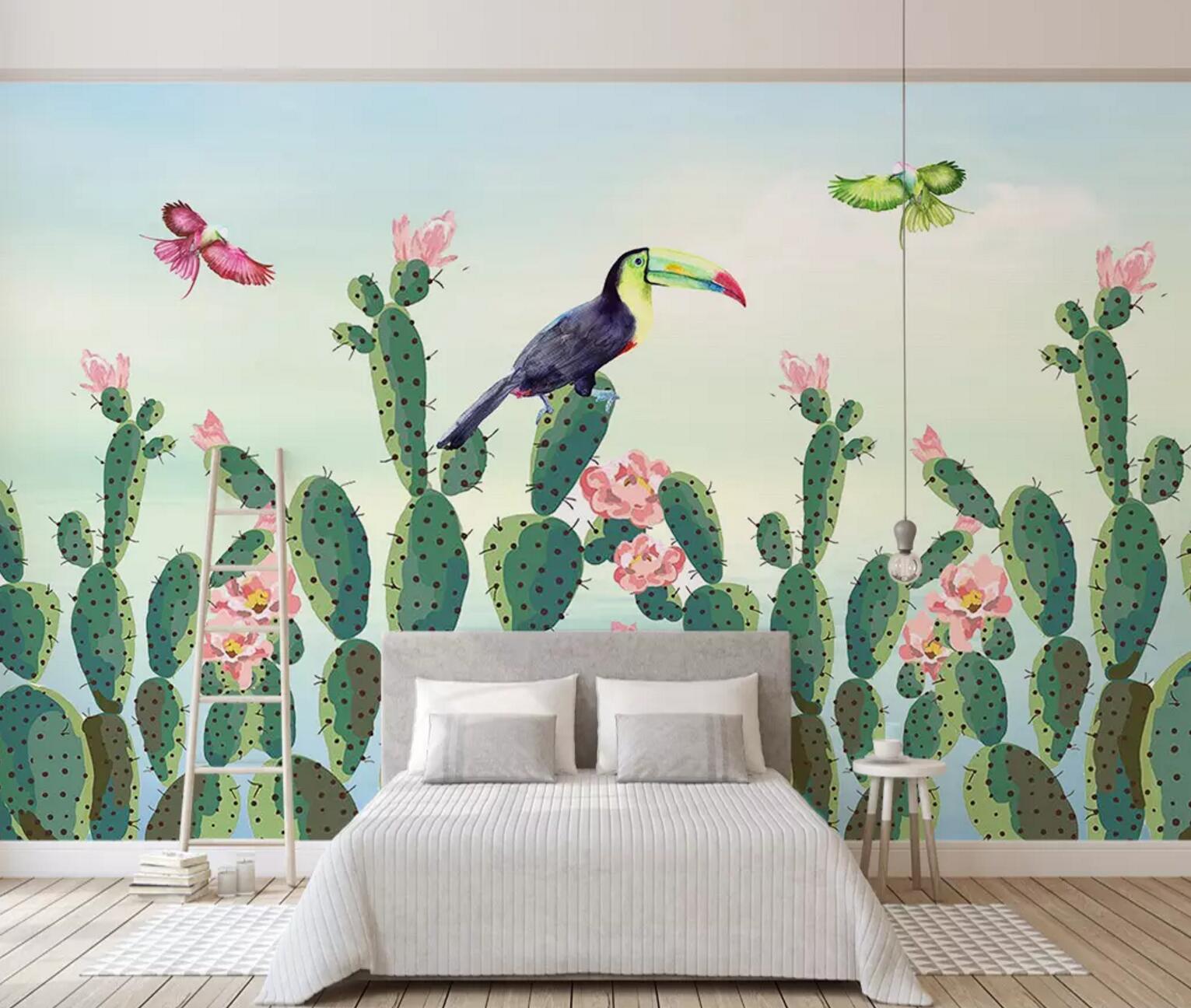 3D Toucan Cactus Flower WC654 Wall Murals