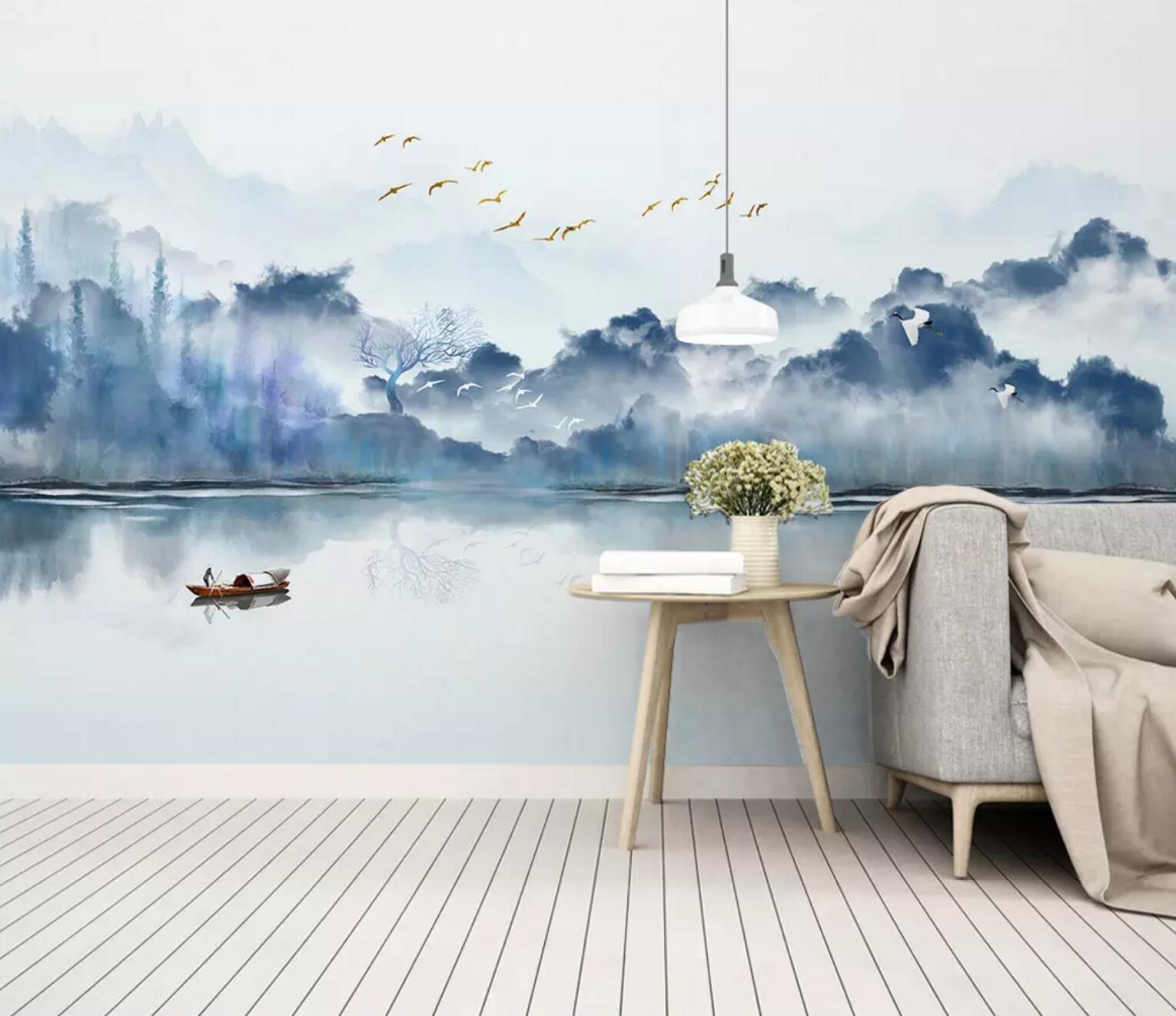 3D Lake Valley Boat WC730 Wall Murals