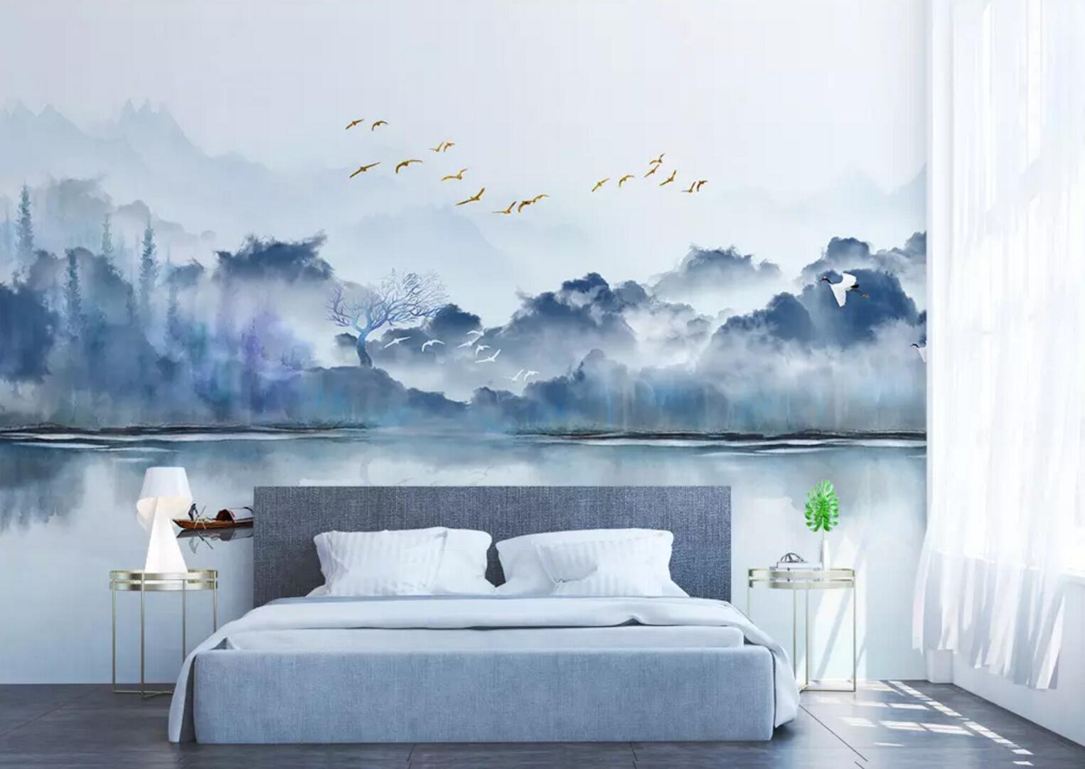 3D Lake Valley Boat WC730 Wall Murals