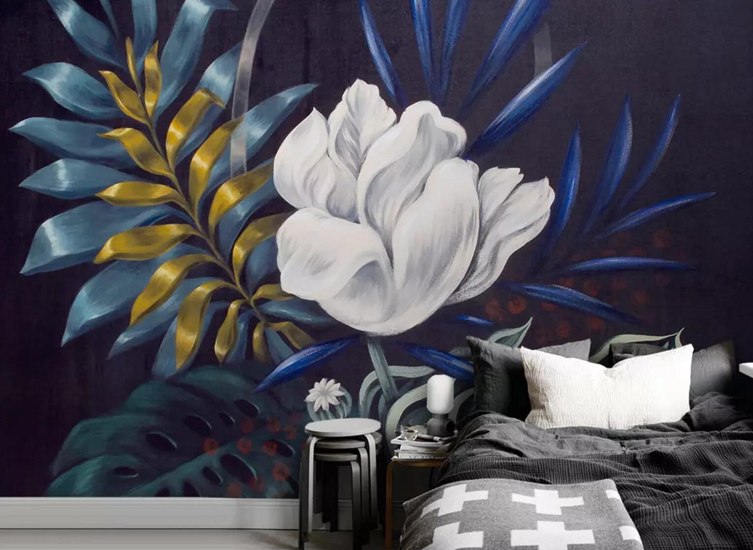 3D White Flower Leaves WC526 Wall Murals