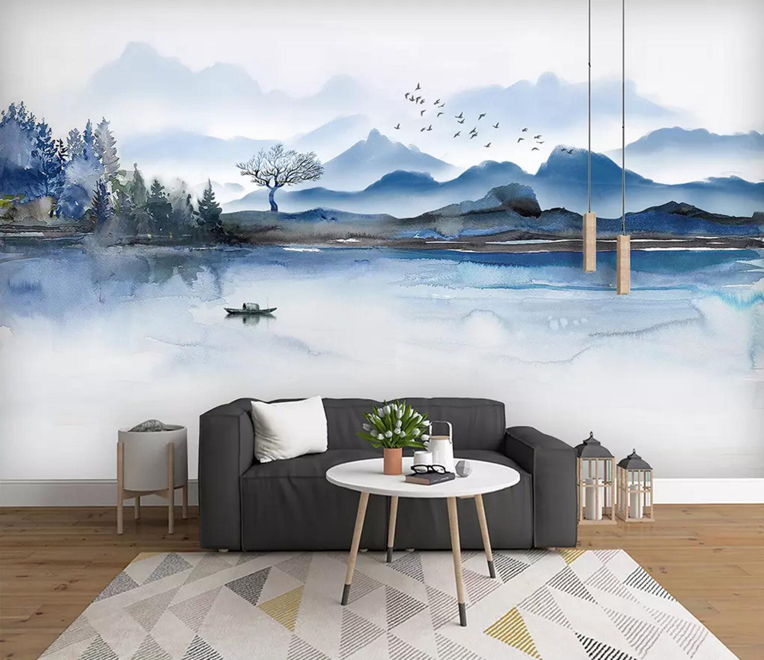 3D Lake Boat Tree WC613 Wall Murals