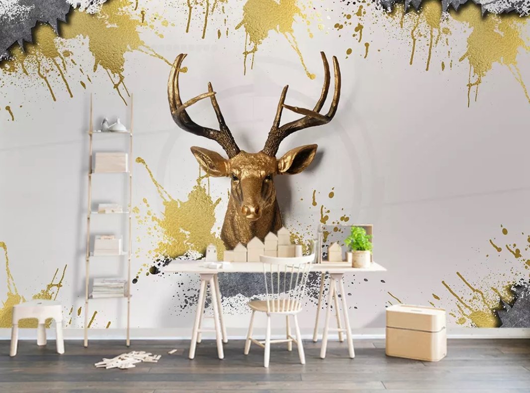 3D Golden Deer Head 277 Wall Murals Wallpaper AJ Wallpaper 2 