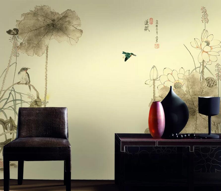 3D Water Lily Bird 031 Wall Murals Wallpaper AJ Wallpaper 2 