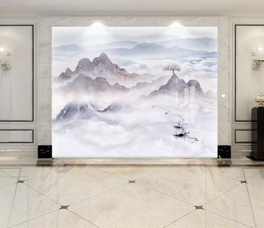 3D Cloud Lake Boat WC2591 Wall Murals