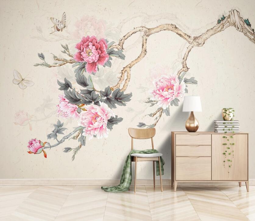 3D Butterfly Peony WC2497 Wall Murals