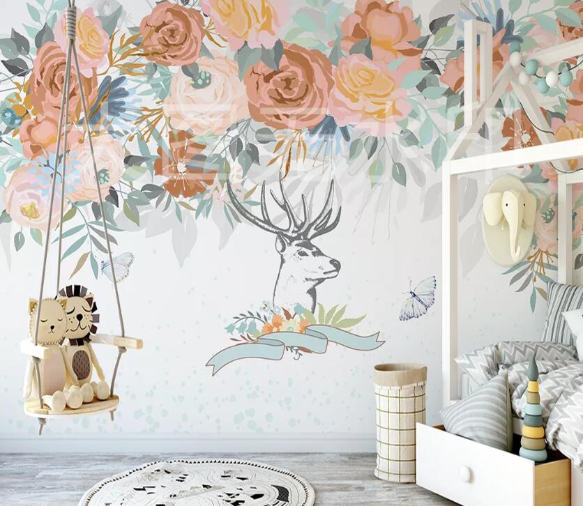 3D Deer Head Flower WC2492 Wall Murals