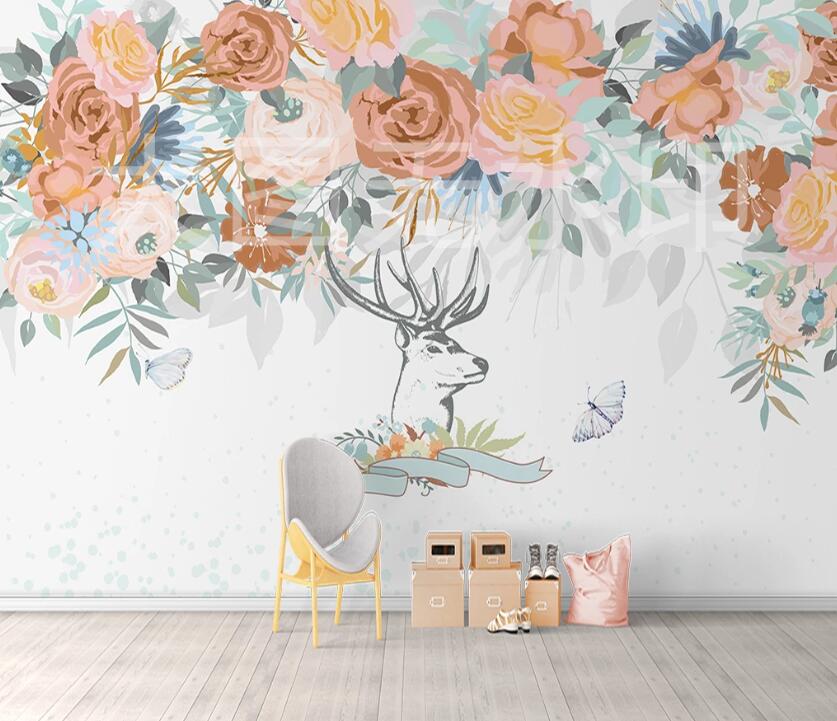 3D Deer Head Flower WC2492 Wall Murals