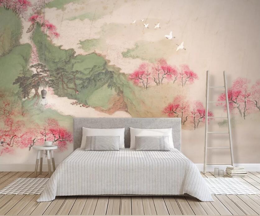 3D Peach Crane WC1887 Wall Murals