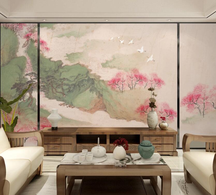 3D Peach Crane WC1887 Wall Murals