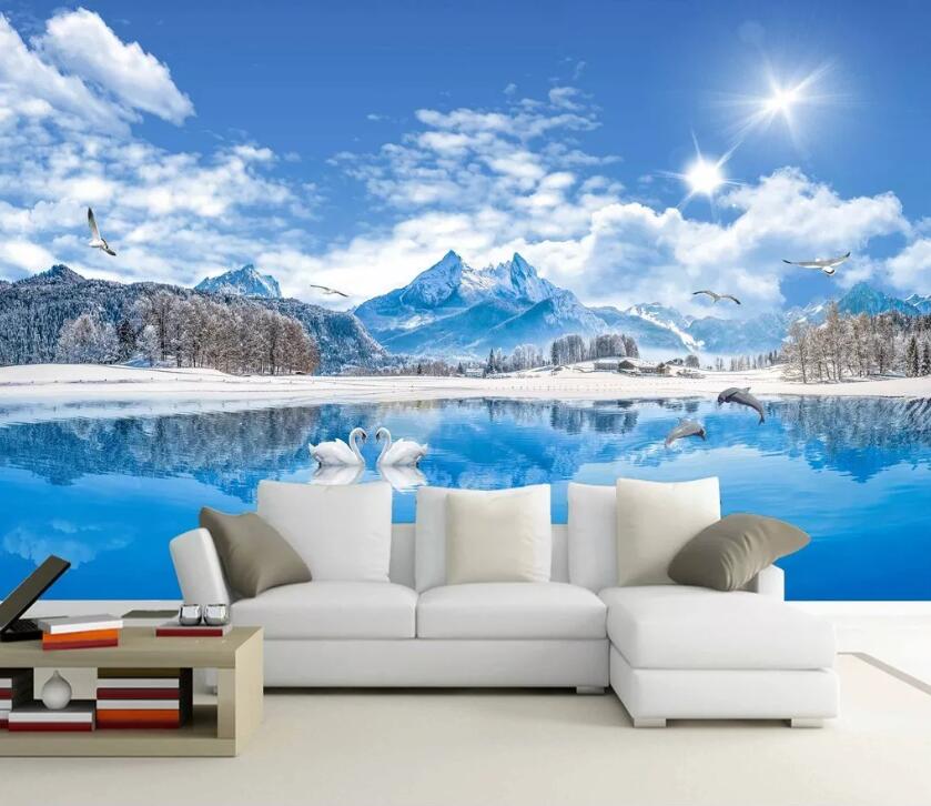 3D Mountain Swan WC1863 Wall Murals