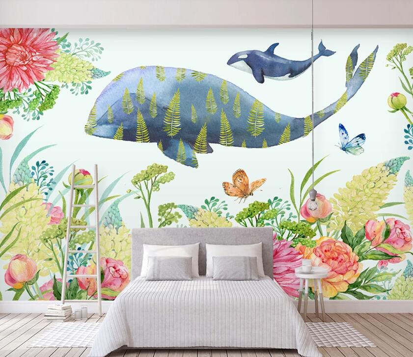 3D Flower Whale WC12 Wall Murals Wallpaper AJ Wallpaper 2 