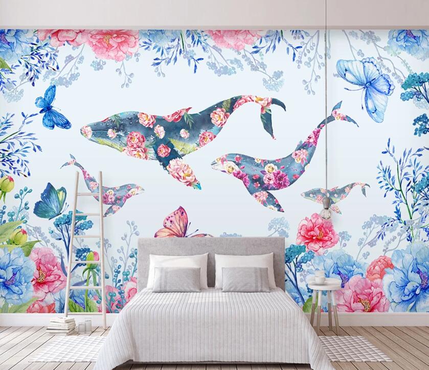 3D Flower Whale WC11 Wall Murals Wallpaper AJ Wallpaper 2 