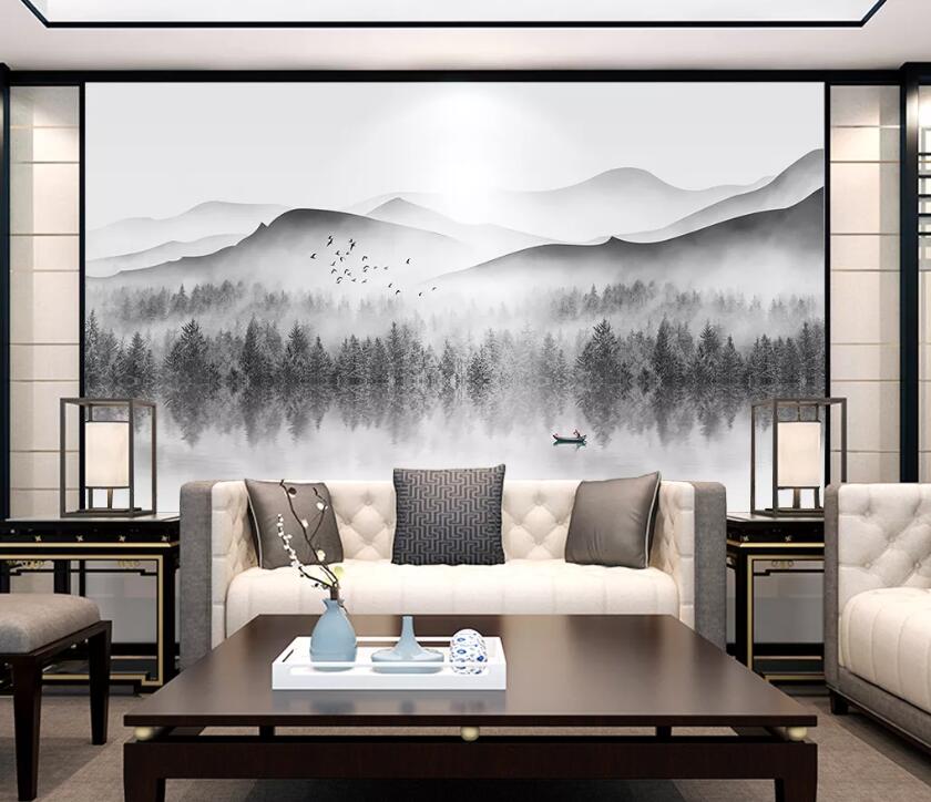 3D Lake Tree Boat WC1848 Wall Murals