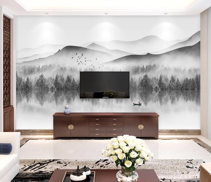 3D Lake Tree Boat WC1848 Wall Murals