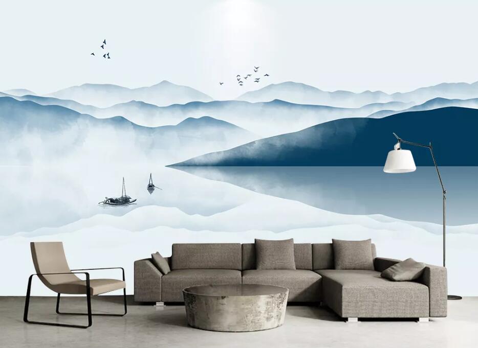 3D Mountain Boat WC1562 Wall Murals