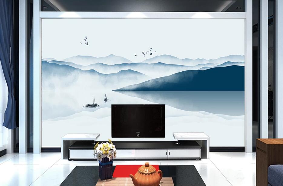 3D Mountain Boat WC1562 Wall Murals