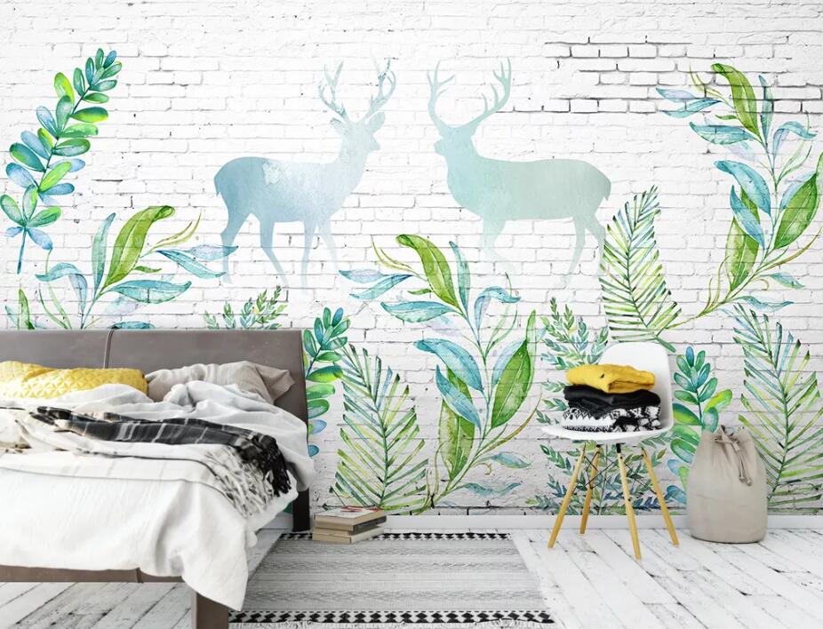 3D Elk Green Leaf WC04 Wall Murals Wallpaper AJ Wallpaper 2 