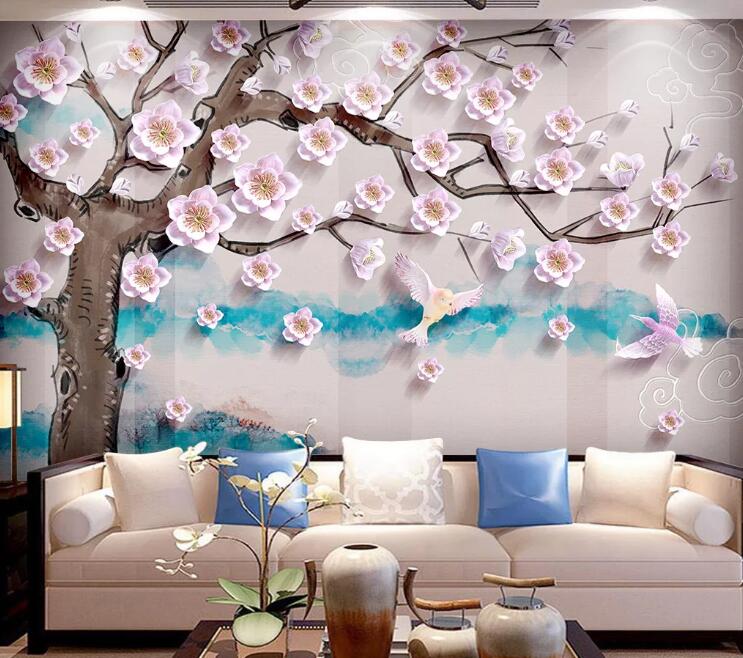 3D Pink Bird Flower WC1452 Wall Murals