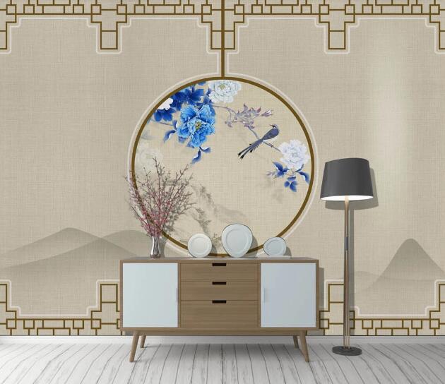 3D Blue Peony Bird WC2667 Wall Murals