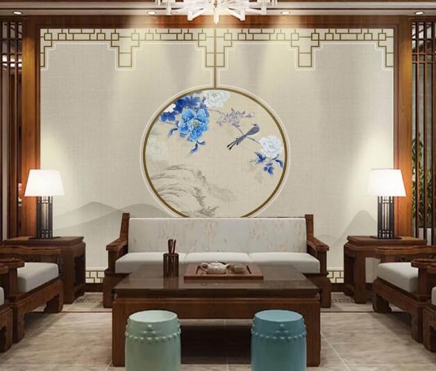 3D Blue Peony Bird WC2667 Wall Murals