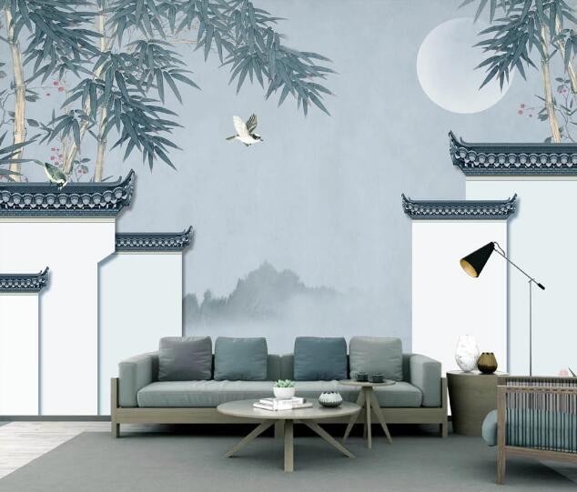 3D Moon Bamboo Bird WC2513 Wall Murals