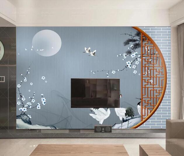 3D Crane Flower Moon WC2276 Wall Murals