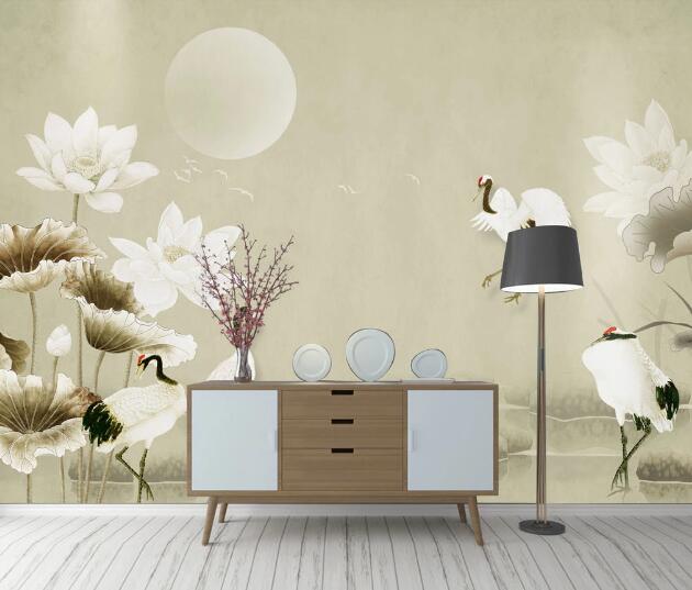 3D White Lotus Crane WC2451 Wall Murals