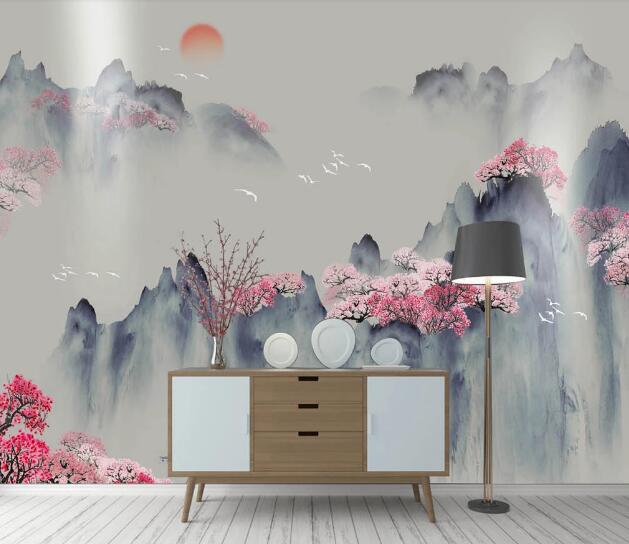 3D Peach Blossom Mountain WC1846 Wall Murals