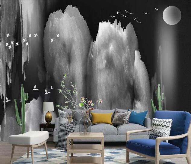 3D Moon Bird Flock WC1859 Wall Murals