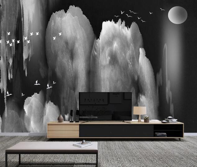 3D Moon Bird Flock WC1859 Wall Murals