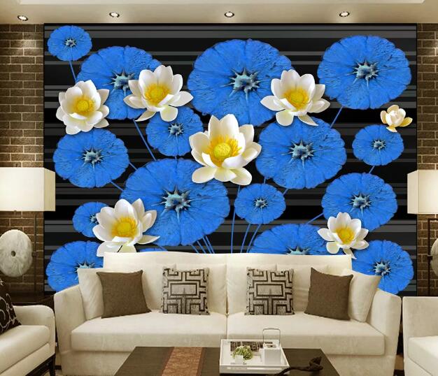 3D Blue Leaves Flower WC1199 Wall Murals