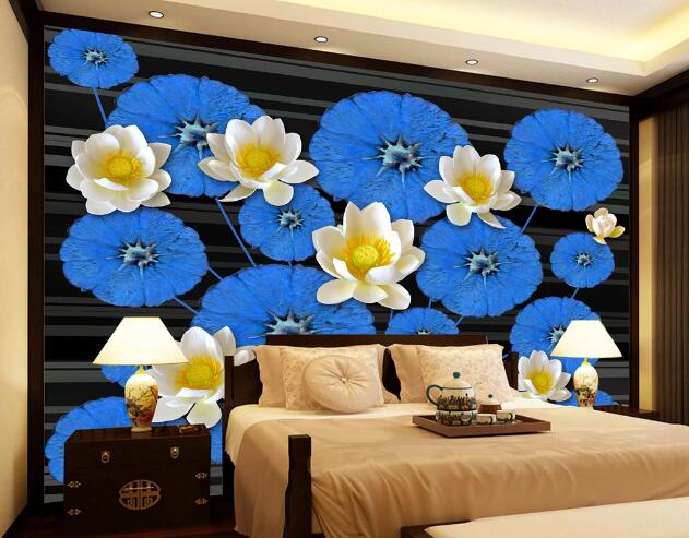 3D Blue Leaves Flower WC1199 Wall Murals