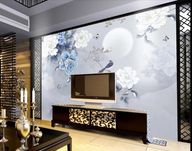 3D Moon Peony Bird WC1046 Wall Murals