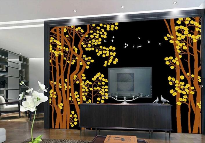 3D Yellow Tree Bird WC700 Wall Murals