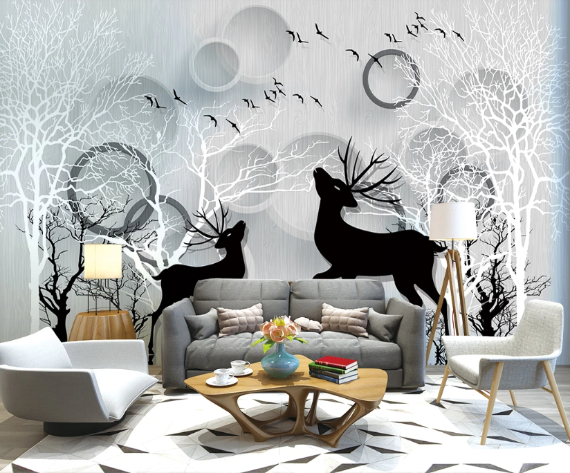 3D Black Deer Tree WC1963 Wall Murals