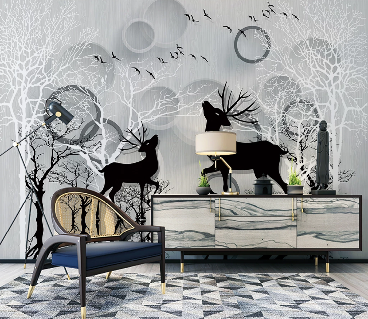 3D Black Deer Tree WC1963 Wall Murals