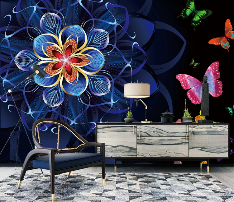 3D Blue Flower Butterfly WC1835 Wall Murals